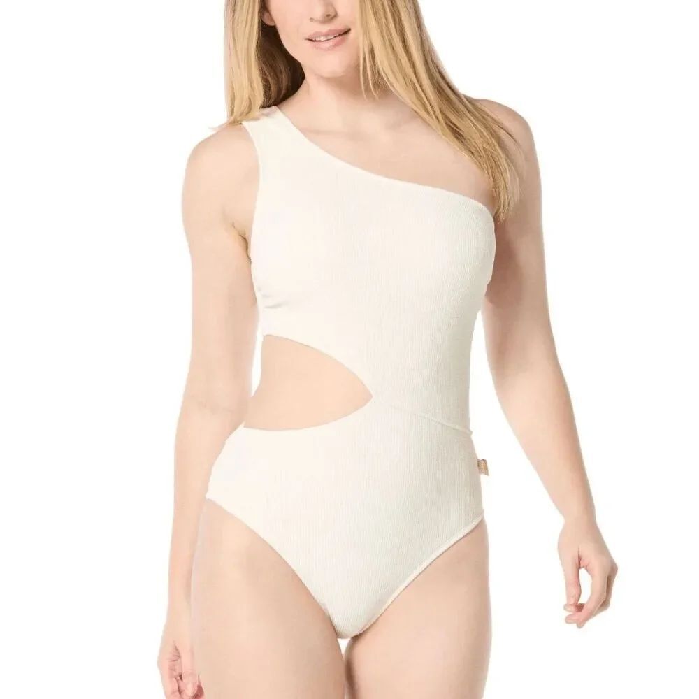 Michael Kors Ivory Bone Ribbed One Shoulder Cutout Swimsuit 12 NWT - Picture 9 of 10